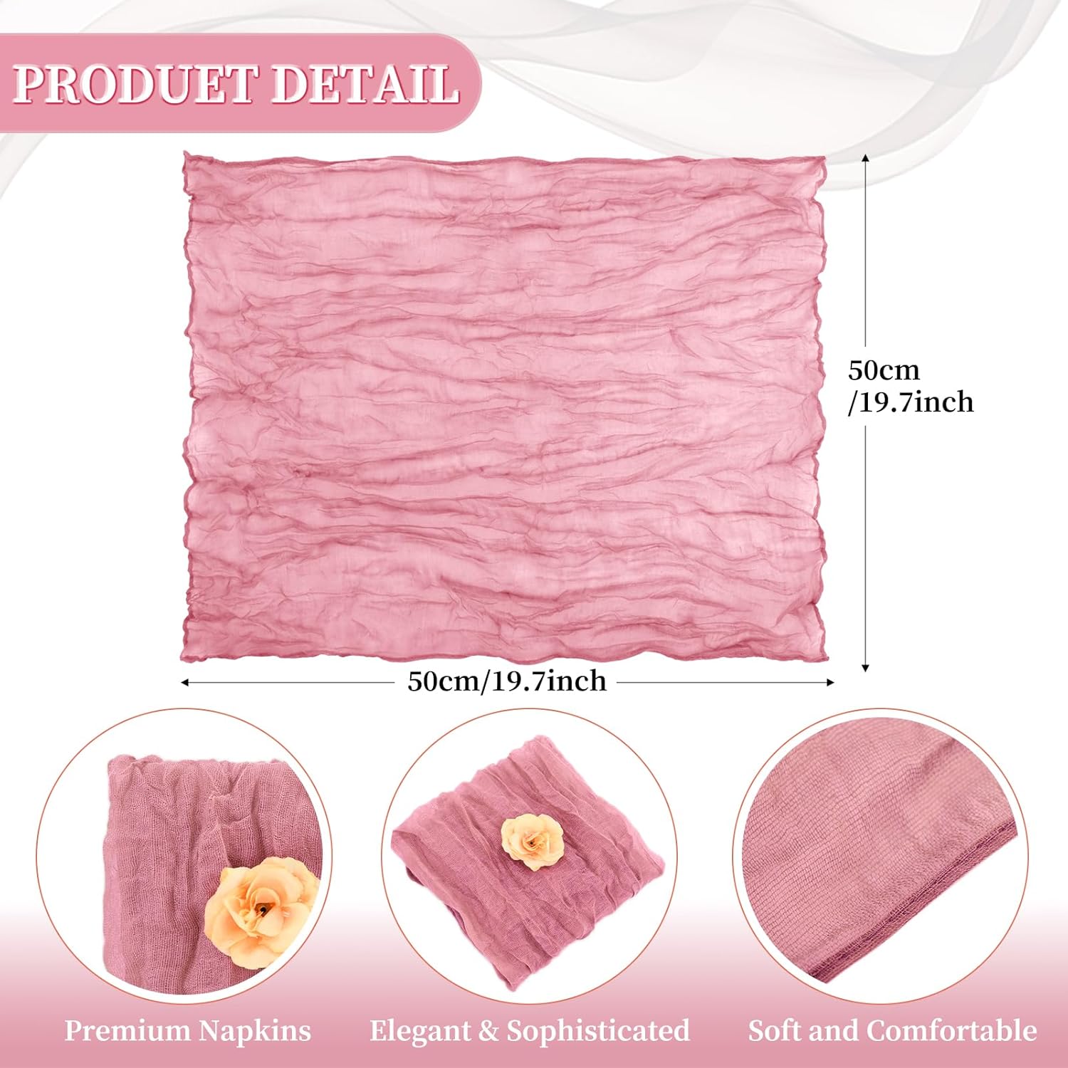 60 Pack Gauze Cheesecloth Napkins 20 x 20 Inch Wrinkled Dinner Napkins Soft Cotton Cloth Napkins Rustic Decorative Table Napkins for Weddings Party Dinner Table Everyday Use (Dusty Rose)