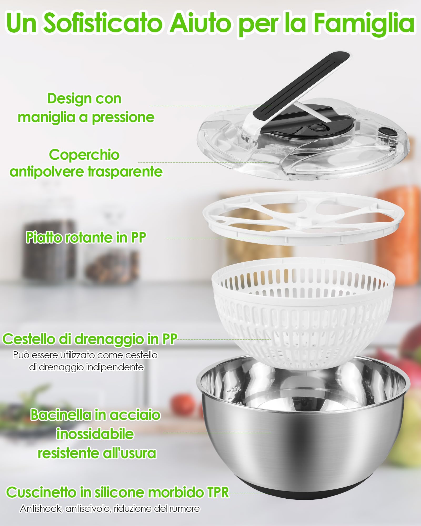 Centrifuga per Insalata 4,5L in Acciaio Inossidabile Grande, Asciuga Insalata Centrifuga, Base Antiscivolo, Lava Insalata Centrifuga per Lavare e Scolare Le Insalate, Scolare la Pasta, ECC.