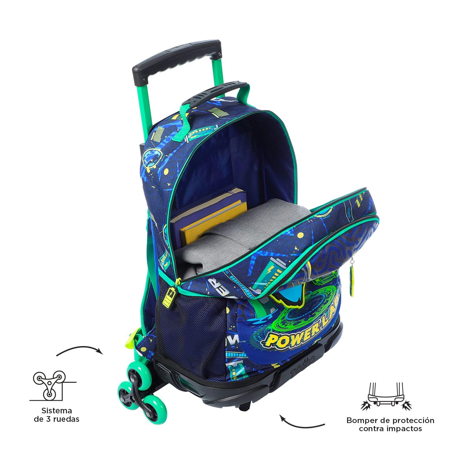 TOTTO - Mochila Escolar con Ruedas, Modelo Kong Lab L, Mochila Grande, Capacidad 25 L, 2 Compartimentos, 2 Bolsillos Botella, Protección en la Base, Sistema de 3 Ruedas, Correas Ajustables, Color Azul