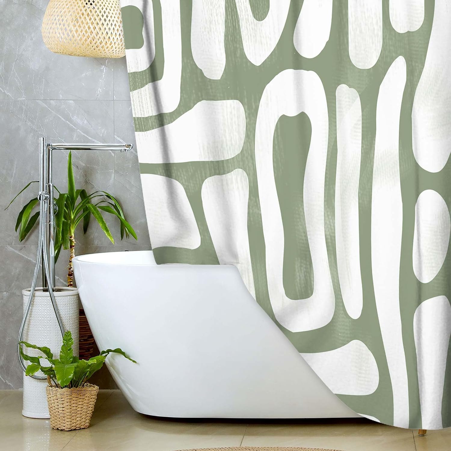 Bondjos Abstract Sage Green Shower Curtain,Boho Modern Geometric Line Art Decor,Abstract Minimalist Farmhouse Style Shower Curtain for Bathroom，Waterproof Polyester Fabric Bathroom Curtain,72x72 Inch