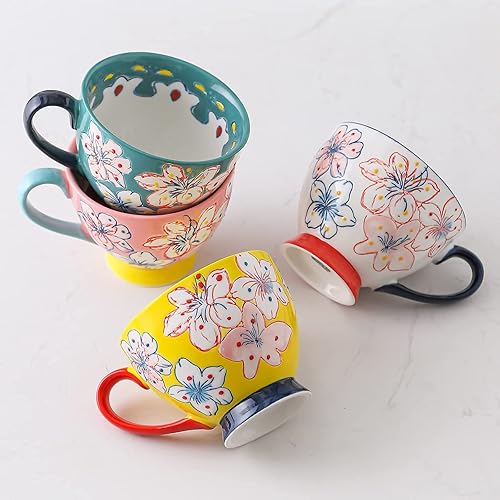 Miniatura 8 de superyes Bonita taza de café de cerámica rosa hecha a mano con diseño floral para leche, café con leche, capuchino, té, cacao, cereales, chocolate