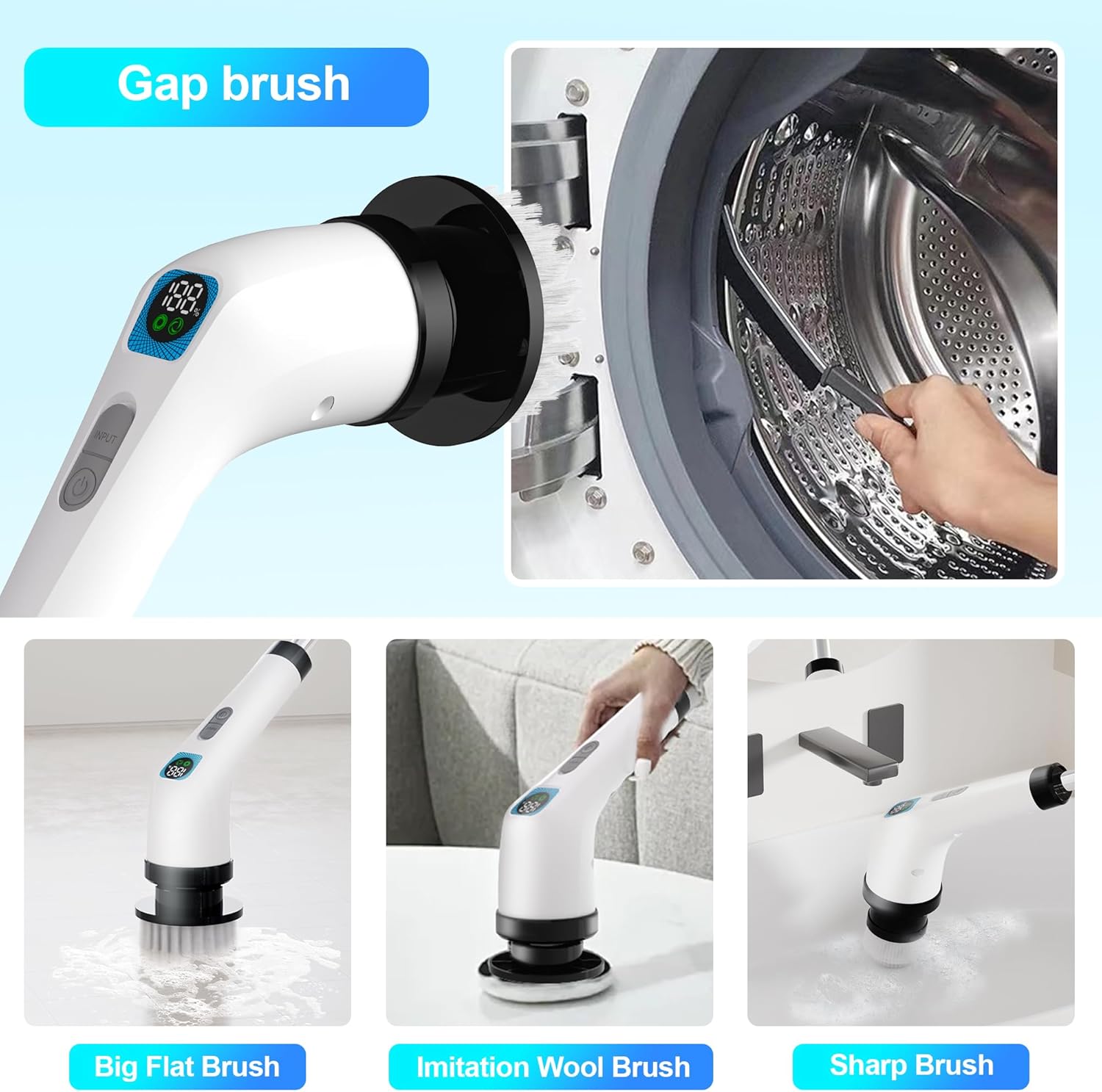 Examples of specialized brush heads like the gap brush, big flat brush, imitation wool brush, and sharp brush