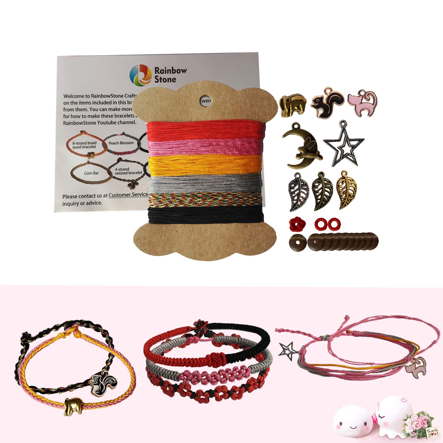 RainbowStone Jewelry Making DIY Kit for Friendship Bracelet Anklet Necklace Set A - 24m Marcrame Threads in 6 Colors + 21 Charms/Beads + Video Tutorials