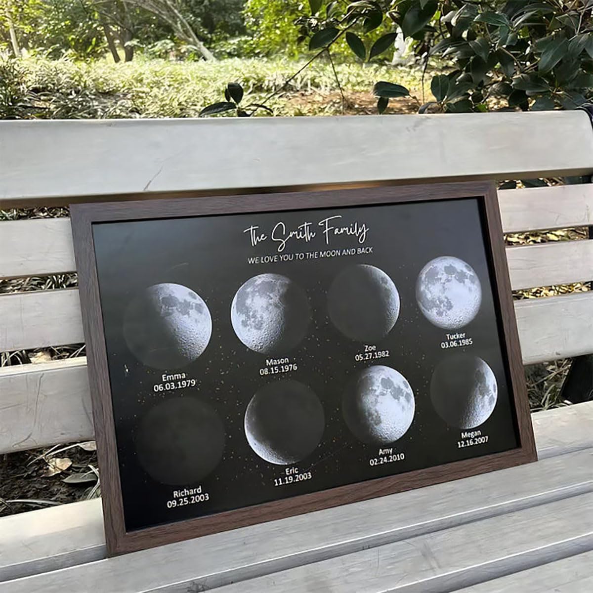 Personalized Mothers Day Moon Gift Family Moon Phase Picture Frame Custom Moon Phase Wall Decor Birthday Moon Phases Gift For Mom Grandma Anniversary, Natural Wood, A4