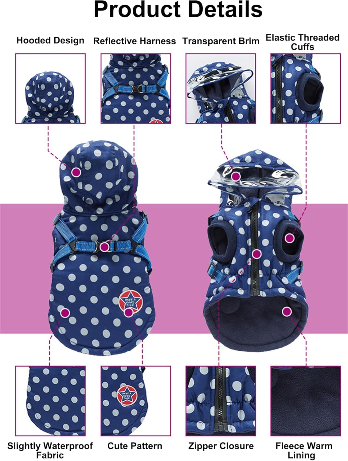 HDKUW Small Dog Harness Jacket Hooded,Pet Coat Cold Weather Warm Vest Jacket with Harness,Dog Waterproof Windproof Cotton Costume for Puppy Small Medium Dogs Pink Dots L