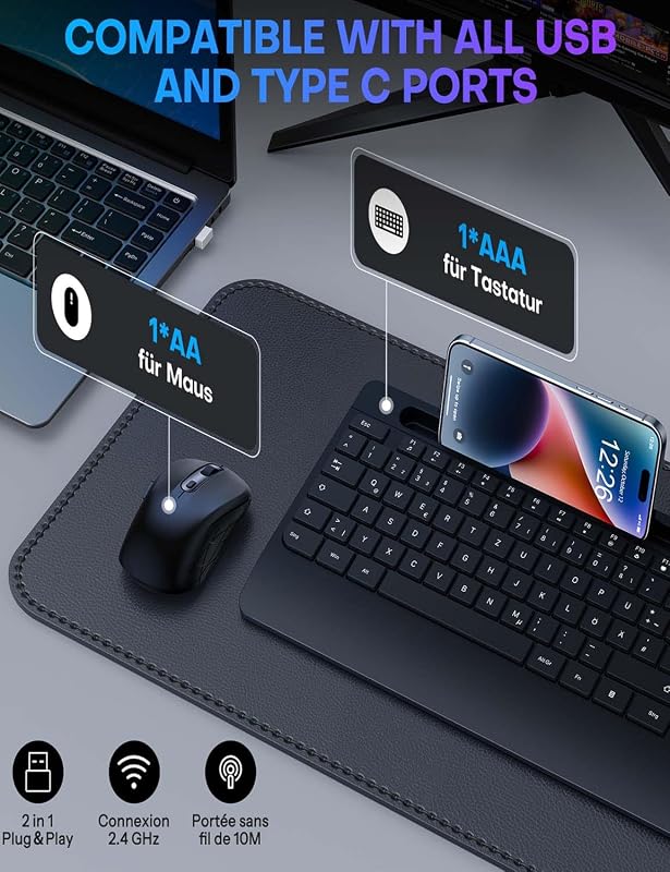 OMOTON Ergonomikus Vezeték Nélküli Billentyűzet-Egér Szett QWERTZ Német Kiosztással, Csuklótámasszal, Állvánnyal, PC/Windows Kompatibilis, F