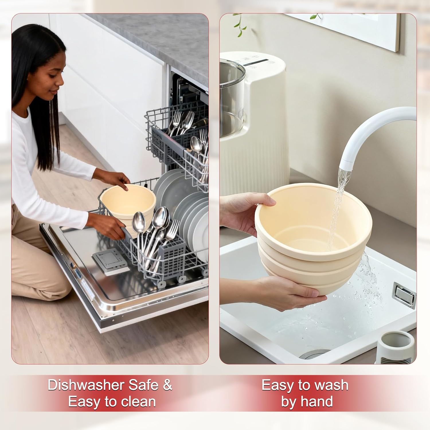 Silicone Bowl Insert for Kitchen Aid 5 Qt Tilt-Head - Patented Design Bowl Liner, 2pack with Lids, Resistant to collapse Thicker Bowl Insert, Foldable, Heat/Cold Resistant (Beige*Pink)