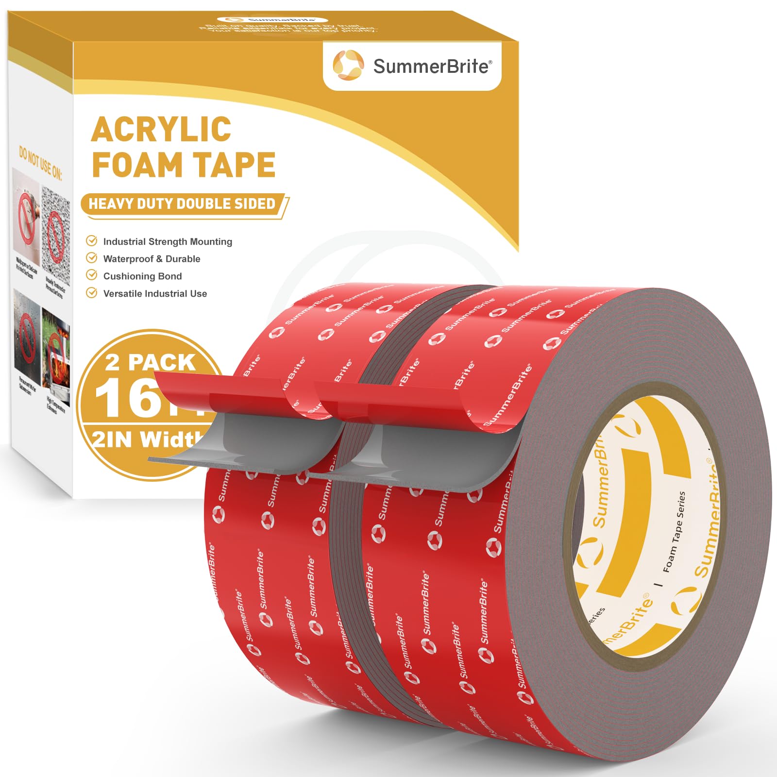 Summerbrite 2 Rolls Double Sided Tape-50mm x 5m-Heavy Duty Mounting Tape Strong Adhesive Acrylic Foam Tape Waterproof Temperature Resistance For Automotive Bonding LED Strips Home&Office Decor