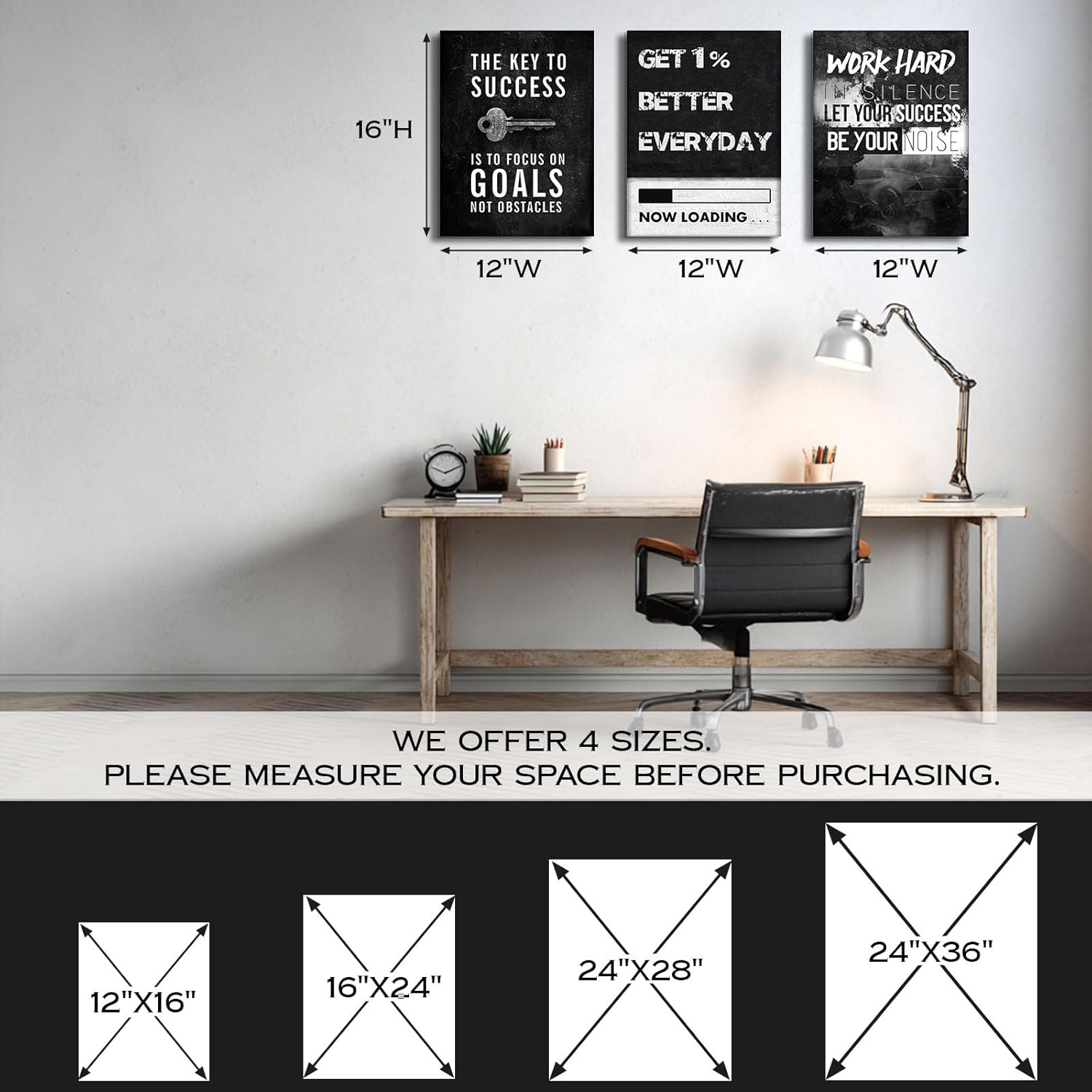 Motivational Wall Decor Inspirational Wall Art Canvas Poster Success Goal Artwork Entrepreneur Quote Painting Office Wall Decor for Bedroom Living Room Home Decoration Framed 12inch x16inch x3pieces