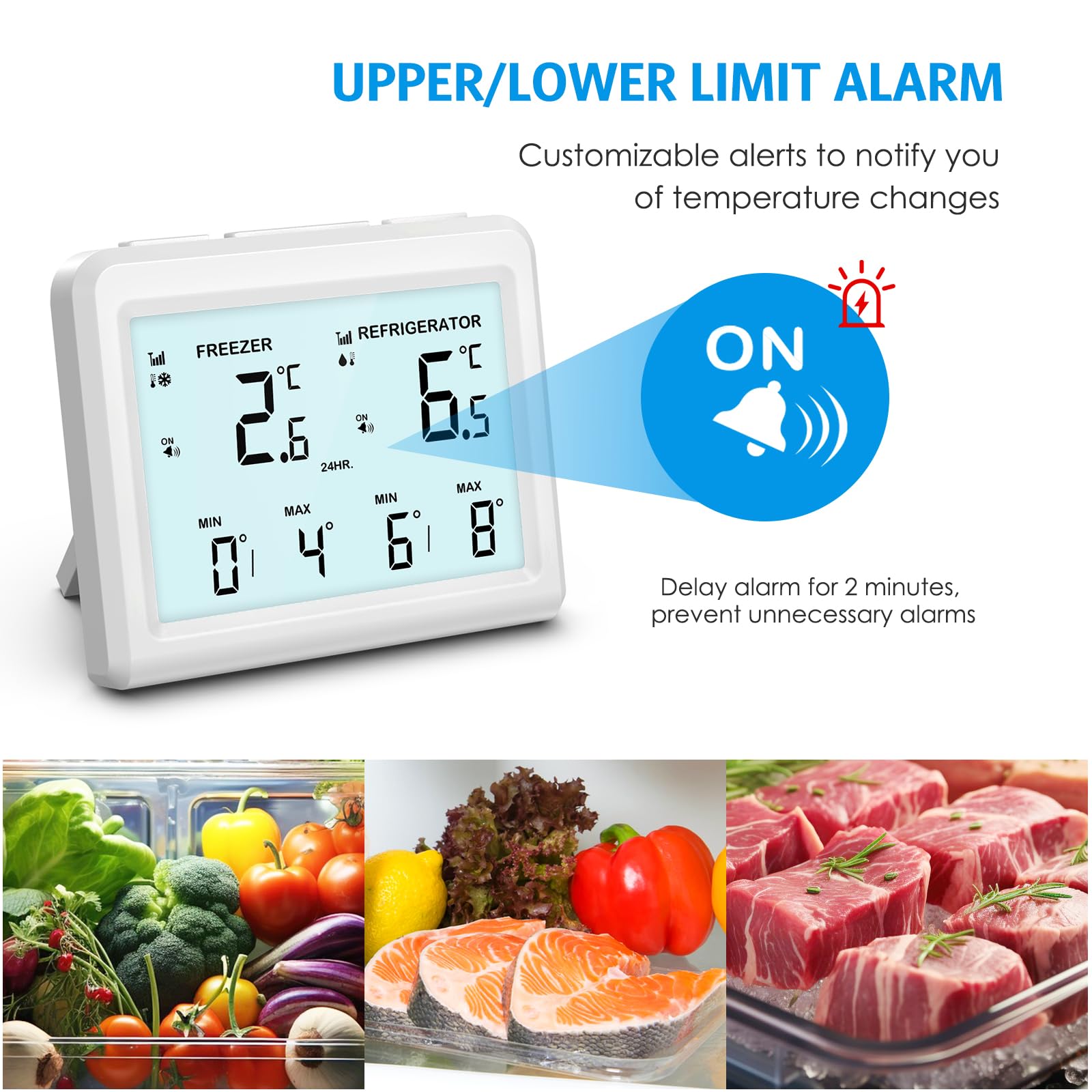 Brifit Thermomètre Frigo, Thermometre Congelateur avec 2 Capteurs, Thermometre Réfrigérateur avec Fonction Alarme et MIN/MAX, ℃/℉, Thermomètre Connecté Alarme Congélateur pour Cuisine, Maison, Bars