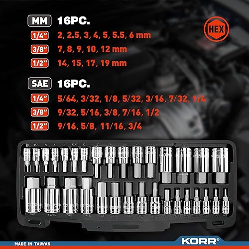 Miniatura 5 de KORR Tools KSS005 Juego de 32 piezas de llaves de vaso hexagonal maestro | SAE y juego métrico | 1/4 pulgadas, 3/8 pulgadas y 1/2 pulgadas