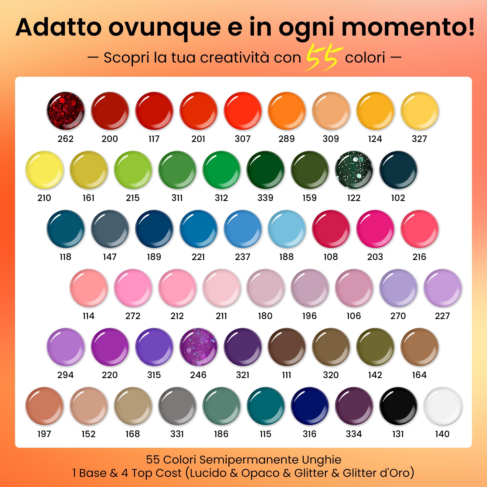 VANREESA 55 Colori Smalto Semipermanente Unghie, 60 PCS Kit Semipermanente Unghie con 1 Base e 4 Top Coat Smalti Semipermanenti per Unghie Rosso Blu Rosa, Kit Unghie Gel Completo Regalo per Donne