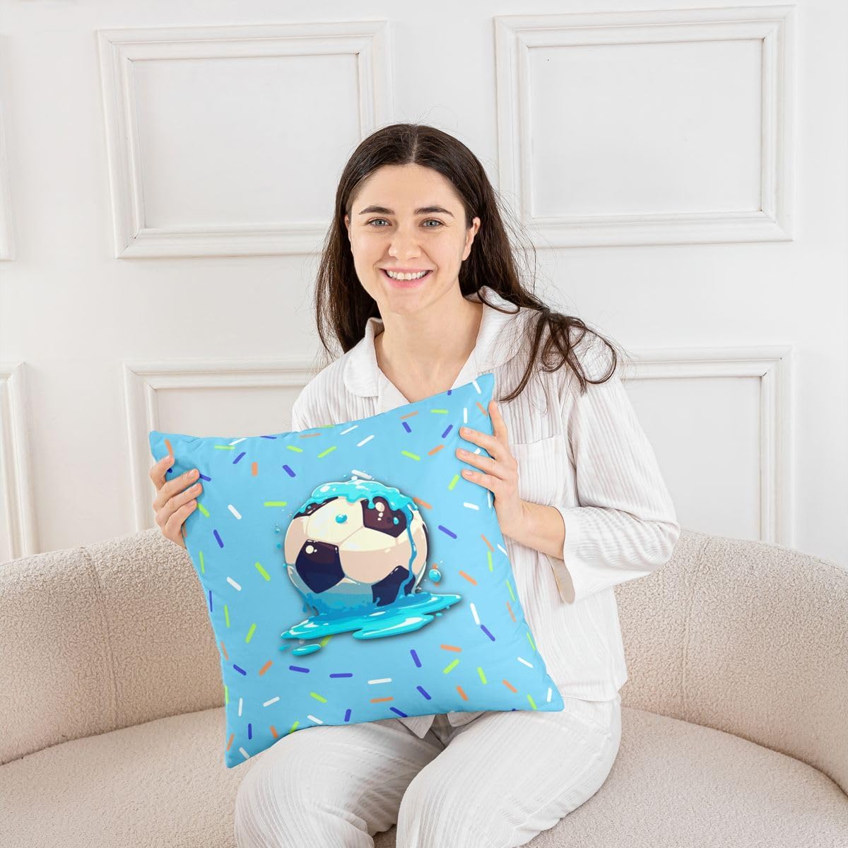 Manfei Cute Soccer Throw Pillow Cover,Ice Cream Drip Cushion Cover 16"x16" for Kids Boys Girls,Colorful Candy Style Pillowcase for Car RV Livingroom,Blue White Pillow Cover,Single Pack image 3