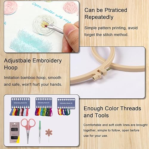 Miniatura 4 de Kit de bordado para principiantes, 3 juegos de bordado a mano con 1 aro, aprende diferentes puntadas para amantes de las manualidades, puntada para