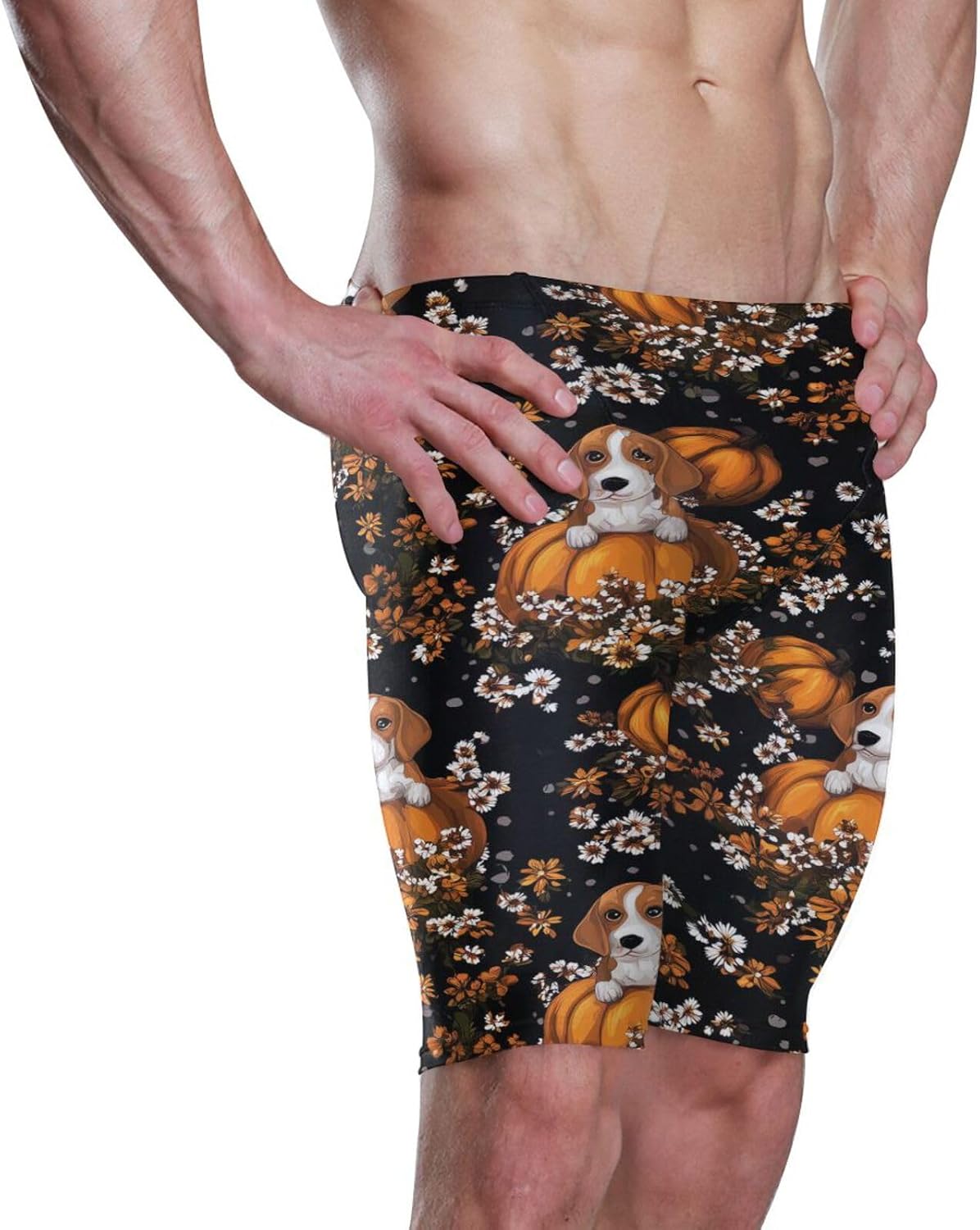 Beagle Pumpkin Flower Print Men's Racing Swim Trunks Athletic Swim Jammers Quick Dry Training Swim Shorts S-3XL