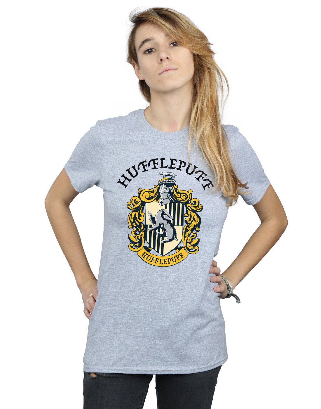 Absolute Cult Women's Sport Grey Harry Potter Hufflepuff Crest Boyfriend Fit T-Shirt XXX-Large