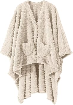 Wearable Blanket Poncho Cape Wrap for Adult, Cozy Sherpa Fleece Pocketed Shawl TV Throw Blankets for Office and LoungeIvory,58 x 64
