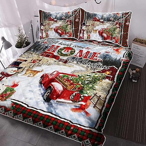 Miniatura 2 de Juego de edredón con funda de almohada, juego de ropa de cama de Navidad con diseño de camión rojo, todos los corazones vienen a casa por Navidad,