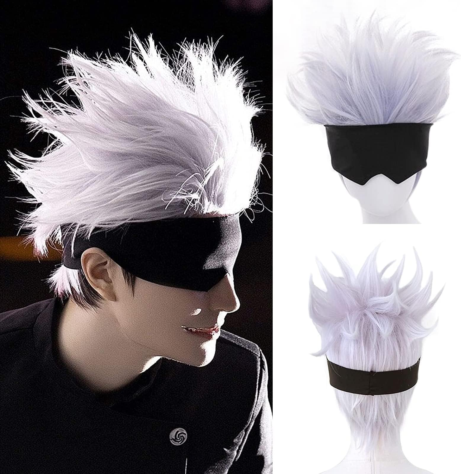 Ebingoo Wig Cap + Black Blindfold + Short Wavy Cosplay Wig Light Purple Mix Silver Wig for Anime Heat Resistant Hair Wig for Men Boys
