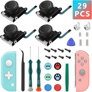 4 Pack Switch Joysticks, Replacement Joystick Analog Thumb Sticks for Nintendo Switch, Switch Lite & Switch OLED, Switch Repair Kit Replacement Parts Include Thumb Grips, Metal Lock Buckles