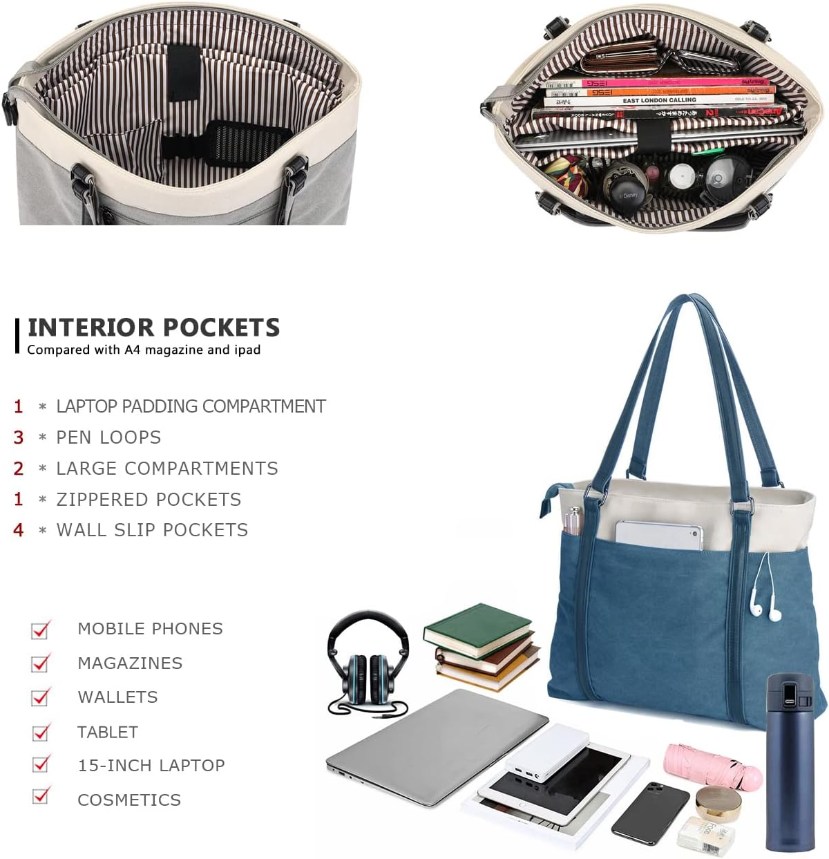 Women's Work Bag with Laptop Compartment Zipper Pockets Teacher Totes Purse - Image 5