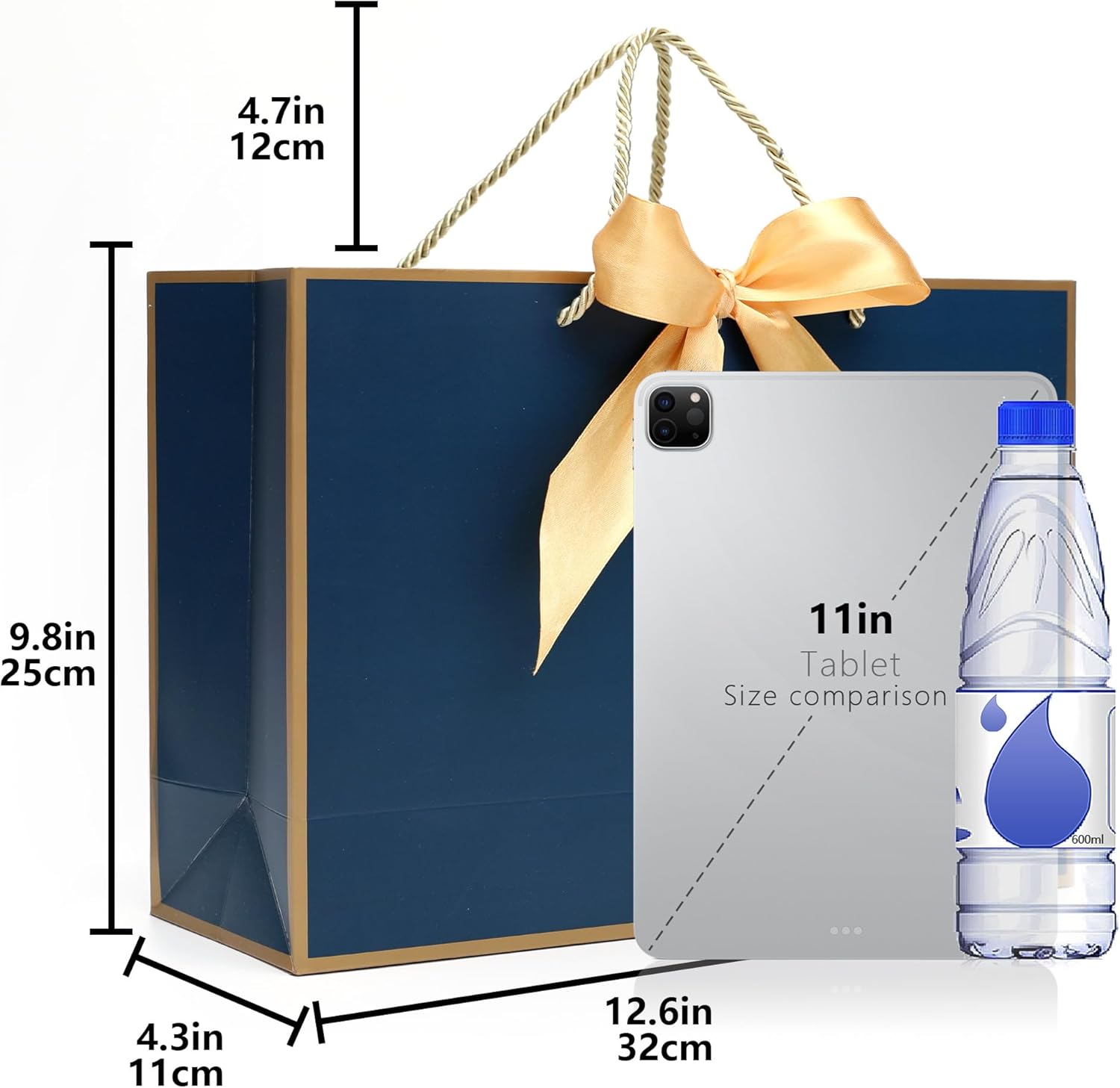 KeerxunBag Navy Blue Gift Bag 12-piece Set - High-end men's gift bag, including tissues, thank-you cards and golden bow ribbons, medium size, perfect Father's Day and birthday company gift