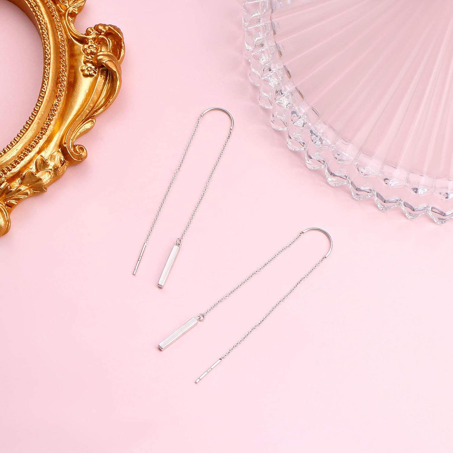 Threader Earrings Triangle Earrings Sterling Silver Created Opal Dangle Drop Long Chain Earring for Women Thread Earrings - Image 5