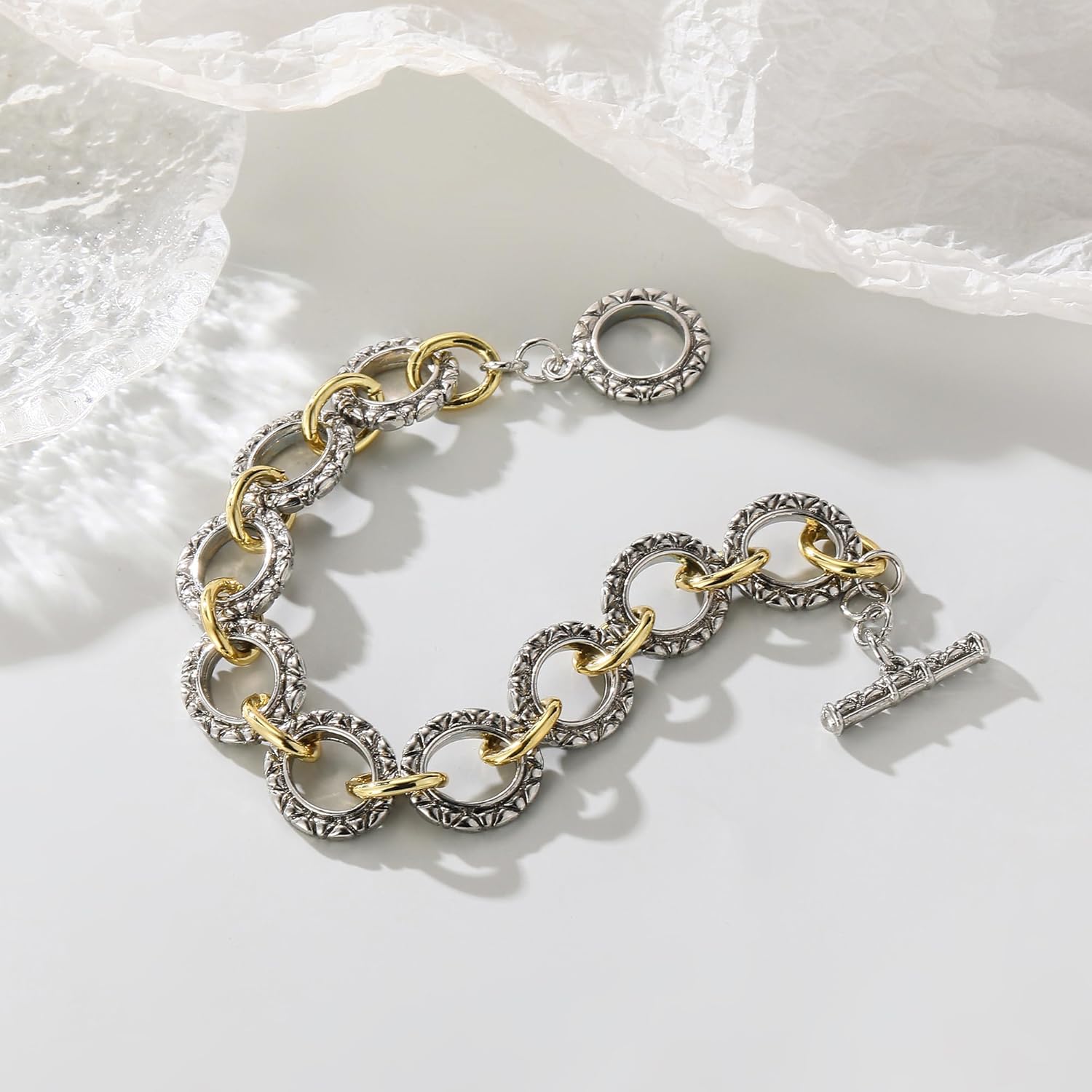 Cable Link Chain Bracelets for Women, Two Tone Link Bracelets Gold and Silver Circles Vintage Bracelets Wire Bangle Designer Inspired Jewelry Gifts - Image 4