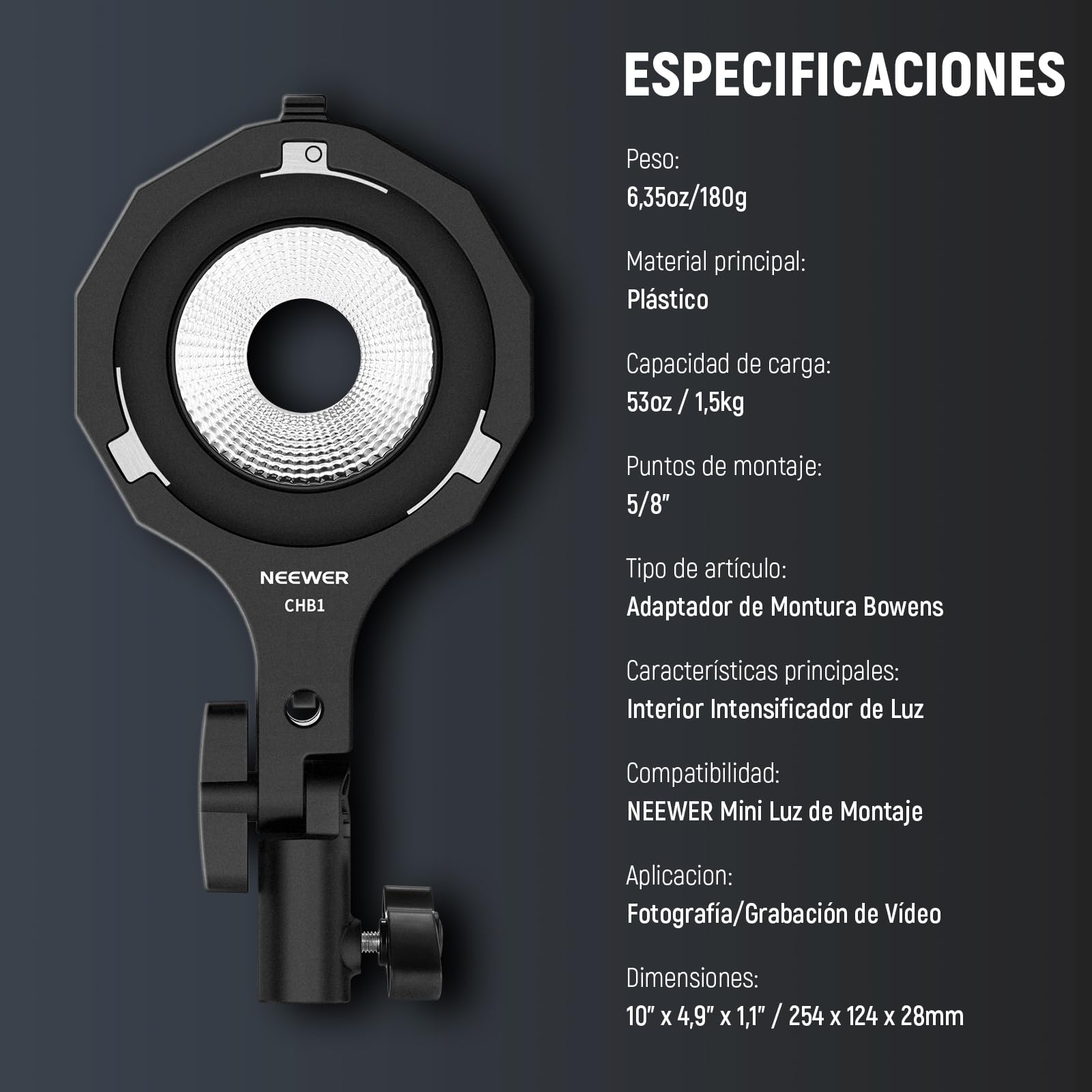 neewer Bowens - Adaptador de Montaje Mini Mount a Bowens, Anillo Adaptador con Base de Paraguas, Receptor de 5/8", inclinación de 180° y rotación de 360°, para Lámpara de Vídeo de Mano Neewer