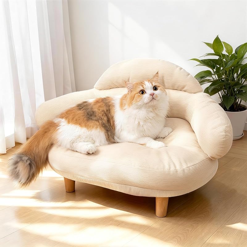 Sofá-cama para gatos Famifit em veludo de algodão, bege, tamanho Extra Grande