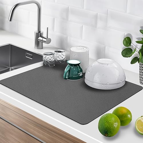 Tapete de secado de platos para encimera de cocina, tapete de secado de platos de 24 x 16 pulgadas con parte trasera de goma antideslizante,