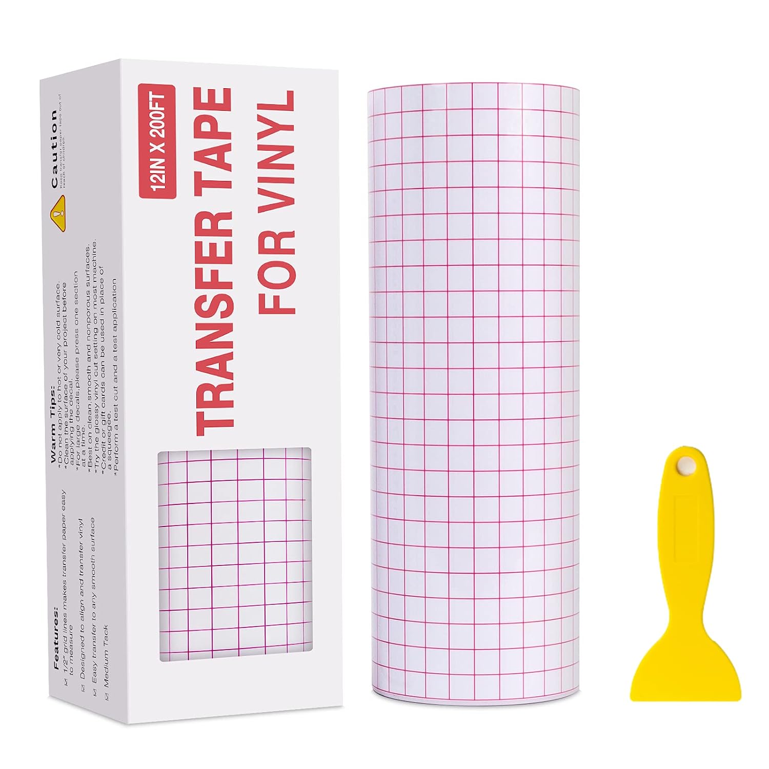 Transfer Tape for Vinyl - 12” x 200FT with Grid Vinyl Transfer Tape for Adhesive Vinyl, Perfect for Silhouette Cameo