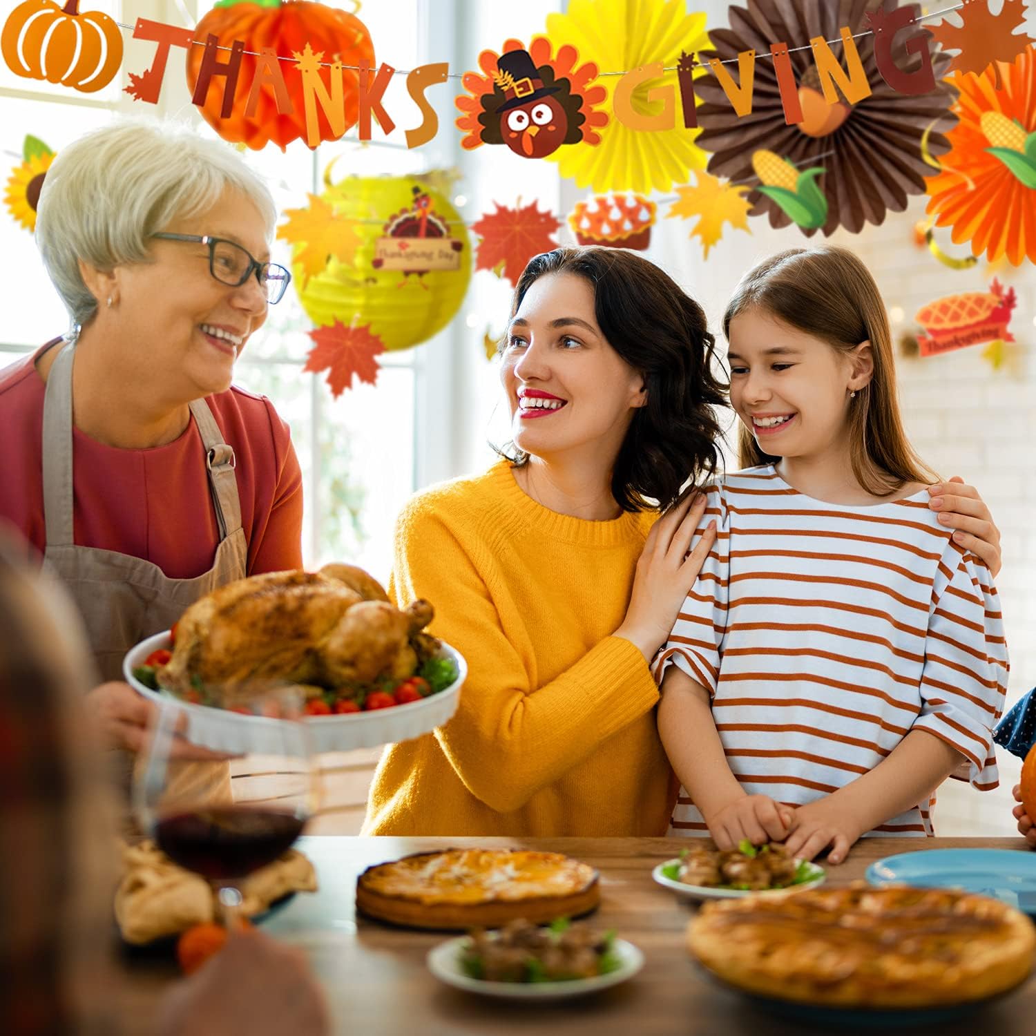 Mauts Thanksgiving Decorations Autumn Hanging Maple Leaves Pumpkins Sunflower Swirl Paper Fans paper Pompoms Lanterns Garlands Fall turkey Banner - Image 4