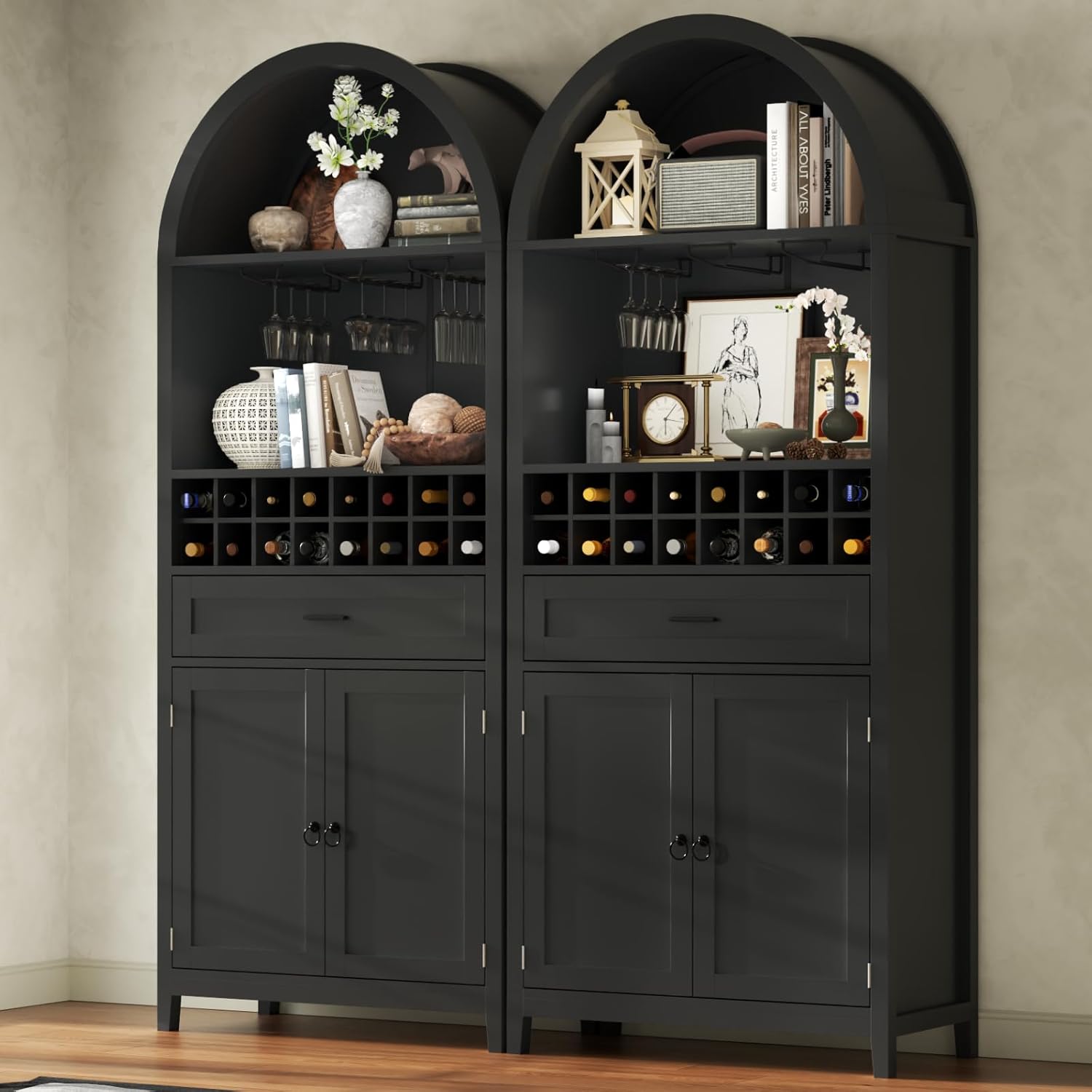 Loomie 75.7" Tall Arched Wine Cabinet, Modern Bar Cabinets with Glass Holders & Wine Rack, Liquor Cabinet for Home, Kitchen Pantry W/Drawer & Shelves, Versatile Cupboard for Dining Room (Black)