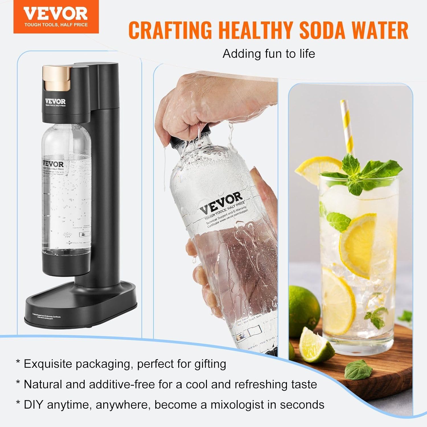 Sparkling Water Maker, Soda Maker Machine for Home Carbonating, Seltzer Water Starter Kit with 2 BPA-free 1L PET Bottles, CO2 Cylinder, Compatible with Mainstream Screw-in 60L CO2 Cylinder