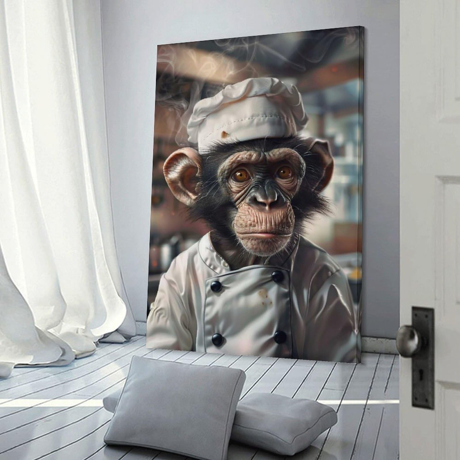 Junmoney Chimpanzee Chef in Kitchen Hanging Wall Art 24x36inch(60x90cm), for Gallery Wall Decor And Room Displays, A Versatile Canvas Print for Layering