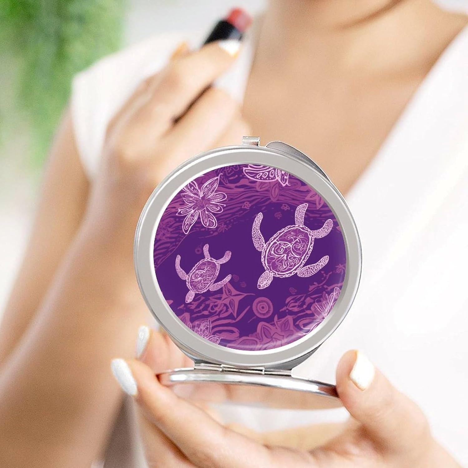 Compact Travel Makeup Mirror 1x/2x Magnification Metal Slim Hawaii with Purple Sea Turtle Pocket Mirror Dual-Sided Folding Handheld Mirrors 180-Degree Portable for Purse Handbag Gift for Her image 4