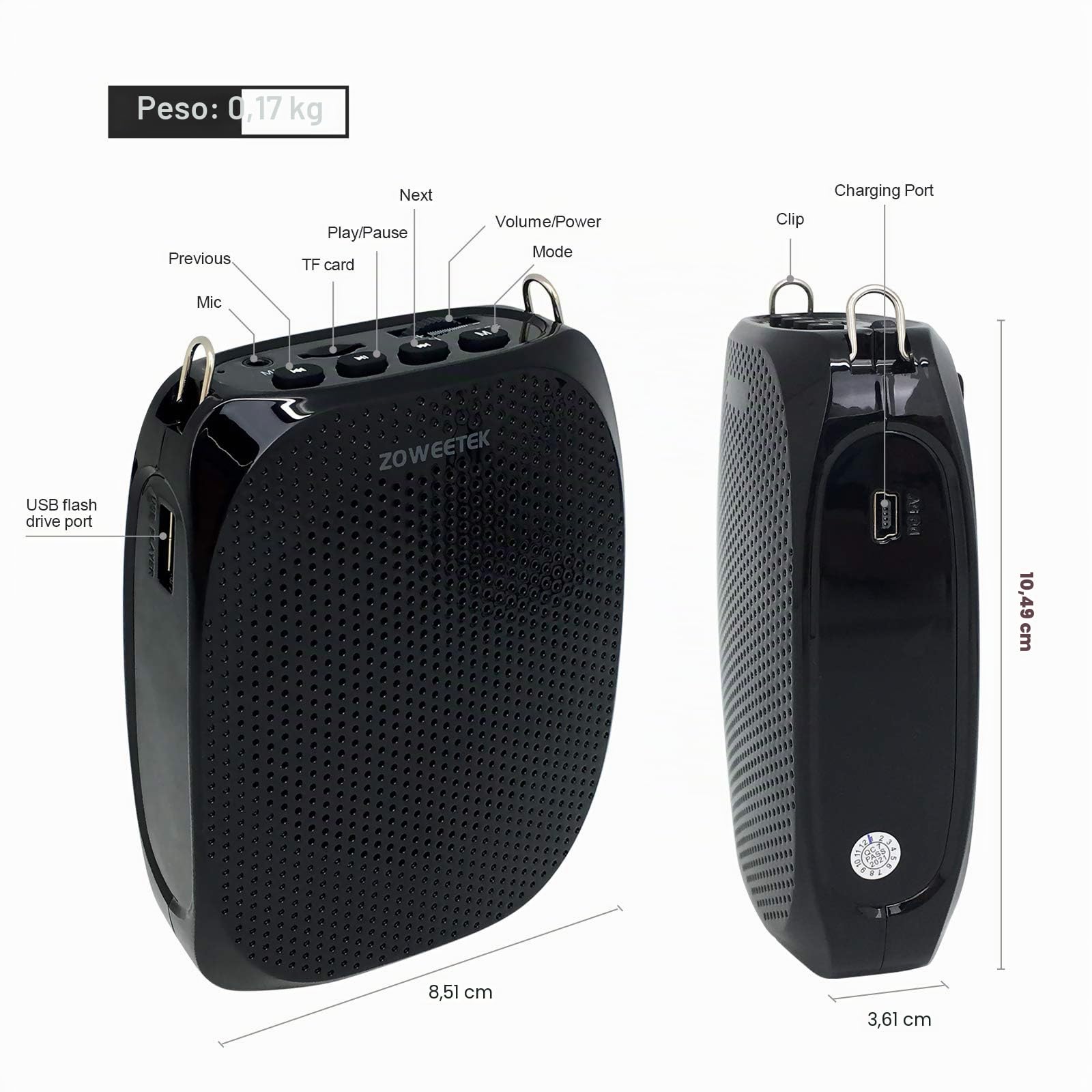 Zoweetek Amplificador de voz portátil con micrófono y cintura con cable, compatible con formato MP3 de audio para profesores, cantos, entrenadores, presentación, guía turística, personas mayores