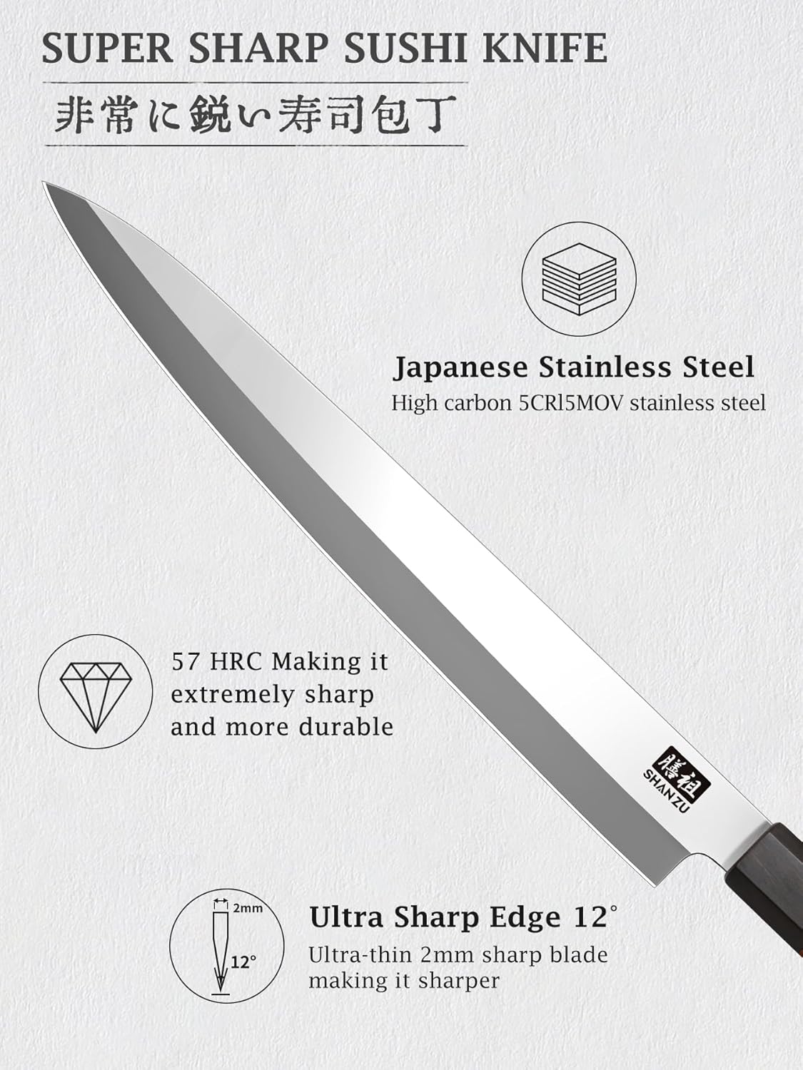 SHAN ZU 10 Inch Sushi Knife, High Carbon Japanese Steel Sashimi Knife, Japanese Knives for Fish Filleting & Slicing, Sushi Making Knives with Red Sandalwood Handle - Image 2