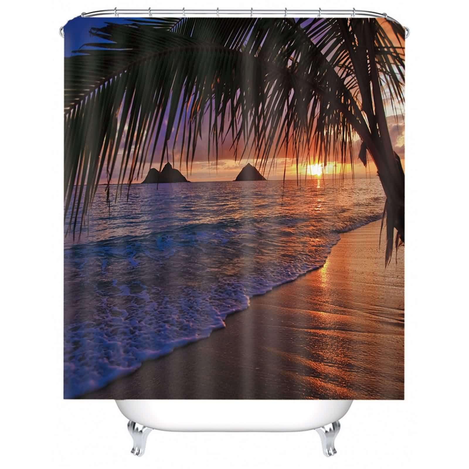 Rideau douche XXL mer et coucher de soleil orange en tissu imperméable 180x180