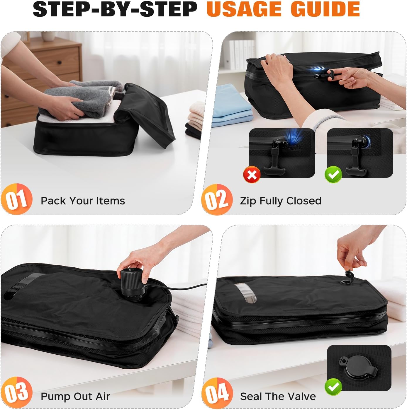 Vacuum Bags for Travel with Wired Pump, Travel Compression Bags for Clothes, 180° Open Zipper, Save 80% Space, IP68 Waterproof Travelpack Vacuum Kit for Luggage, Suitcase, Home Storage (2 Pack + Pump) image 5