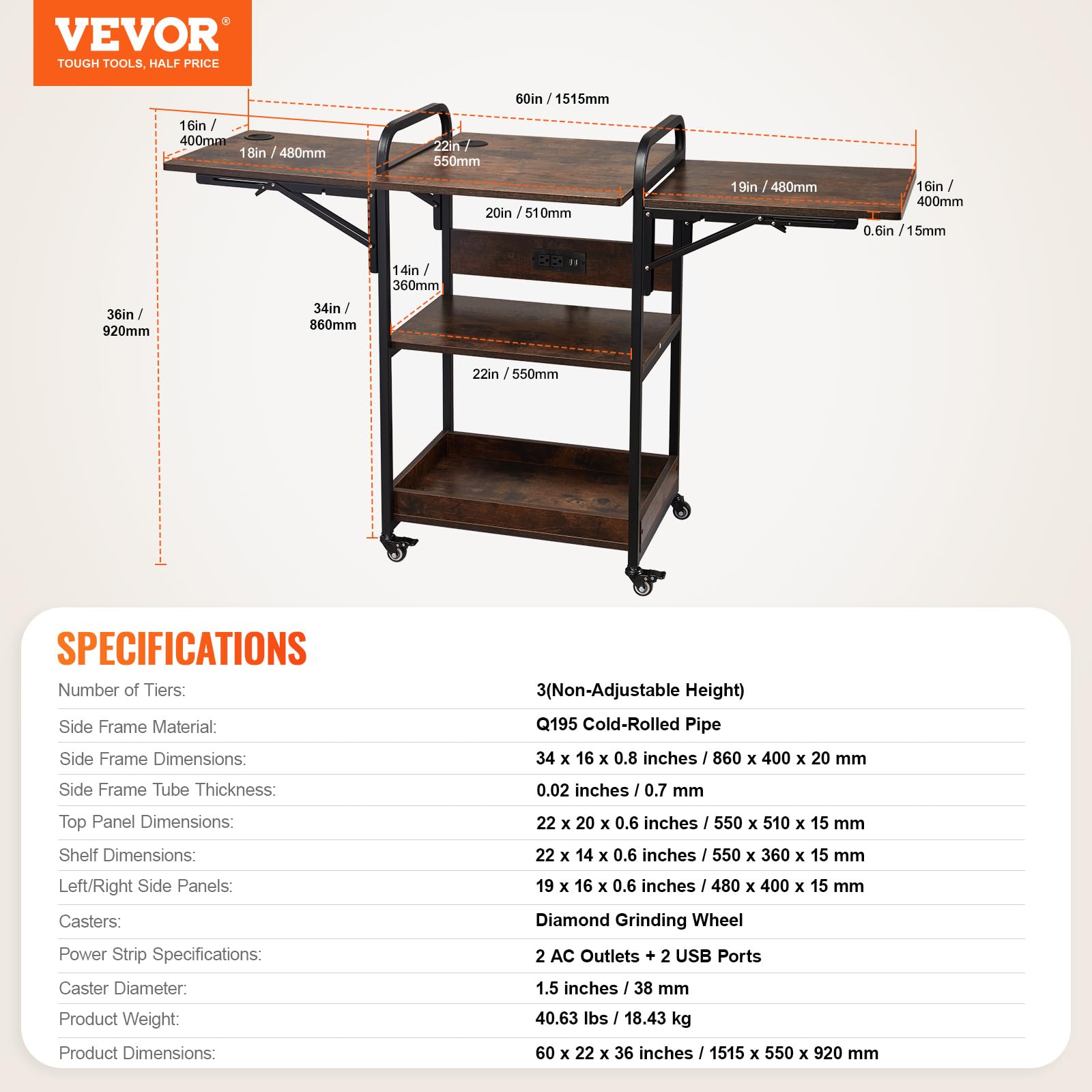 VEVOR Mesa de Prensa de Calor con Estación de Carga, Soporte de Prensa de Calor Móvil de 3 Niveles, Banco de Trabajo de Metal con Ruedas para Máquina de Transferencia de Sublimación, Marrón
