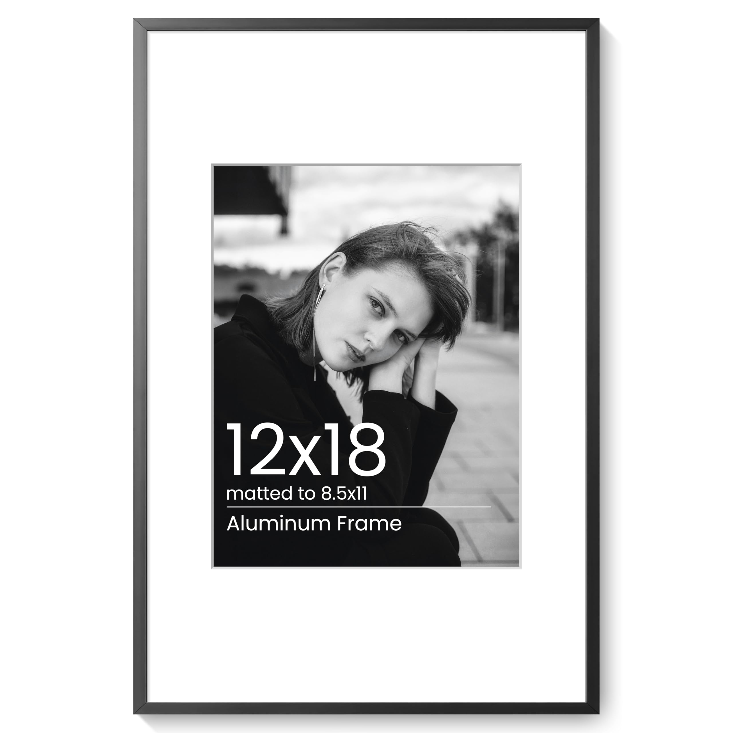 KovaScape 12x18 Aluminum Photo Frame - Modern Flat Metal Picture Frames with 8.5x11 Removable Mat and HD Glass - Versatile Wall & Tabletop Display for Gallery Art, Black