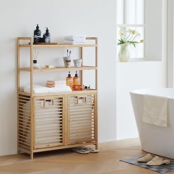 Baveke Bamboo Laundry Hamper with Shelf - 3-Tier Tilt Out Dirty Clothes Basket Organizer, FSC-Certified Moisture Resistant Storage for Bathroom, Bedroom, Laundry Room Natural, 2 Bags