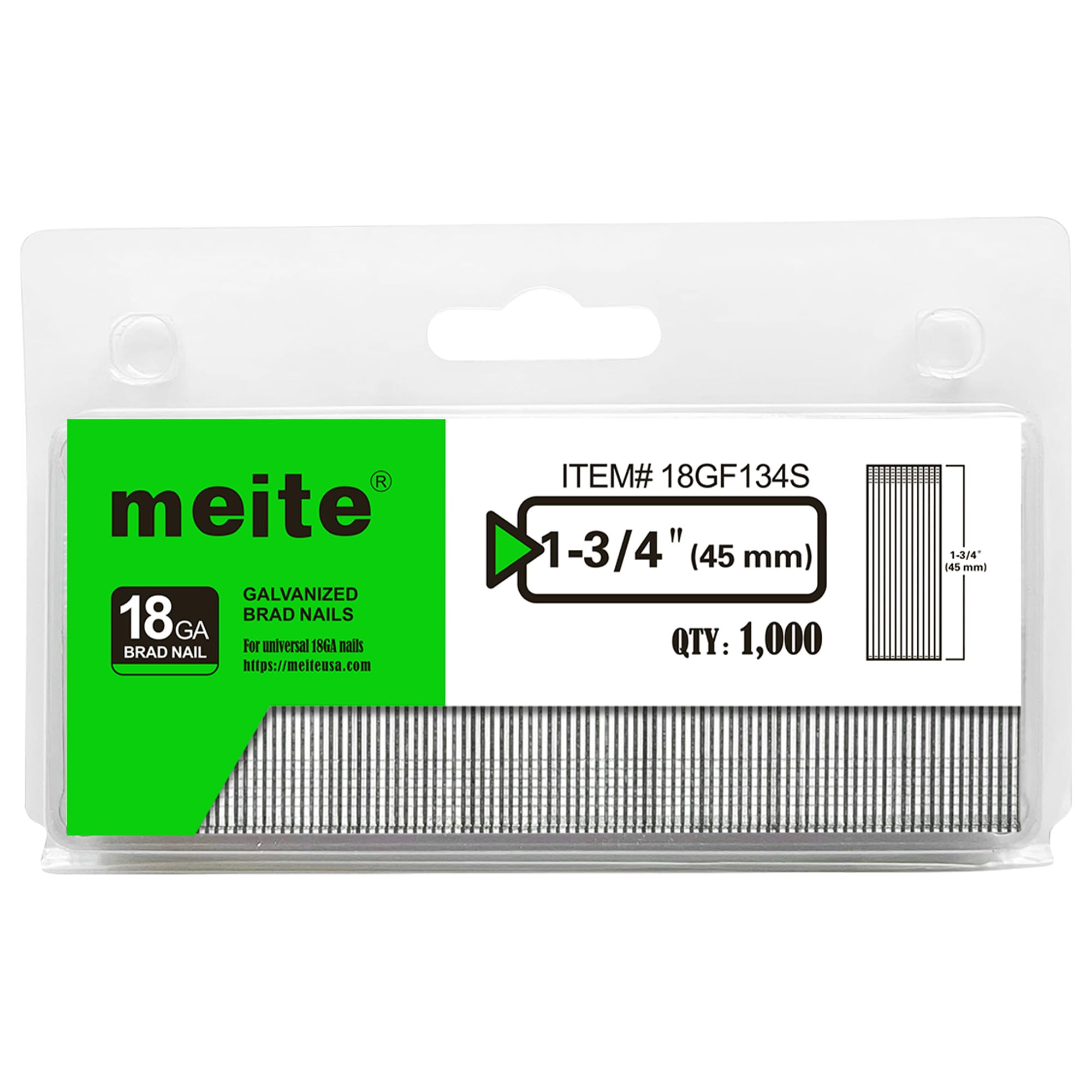 meite 18 Gauge Brad Nails, 1-3/4 Inch 18GA Brad Nails Galvanized Small Finishing Nail Gun Nails for Pneumatic, Electric Brad Nailer Gun (1,000 Counts)