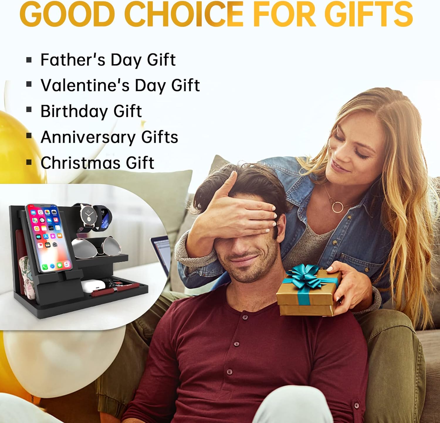 Gifts for Men Wood Phone Docking Station Birthday Gift for Men Valentines Day Gifts Father Gift for Him Boyfriend Nightstand Organizer Desktop Phone Stand Black