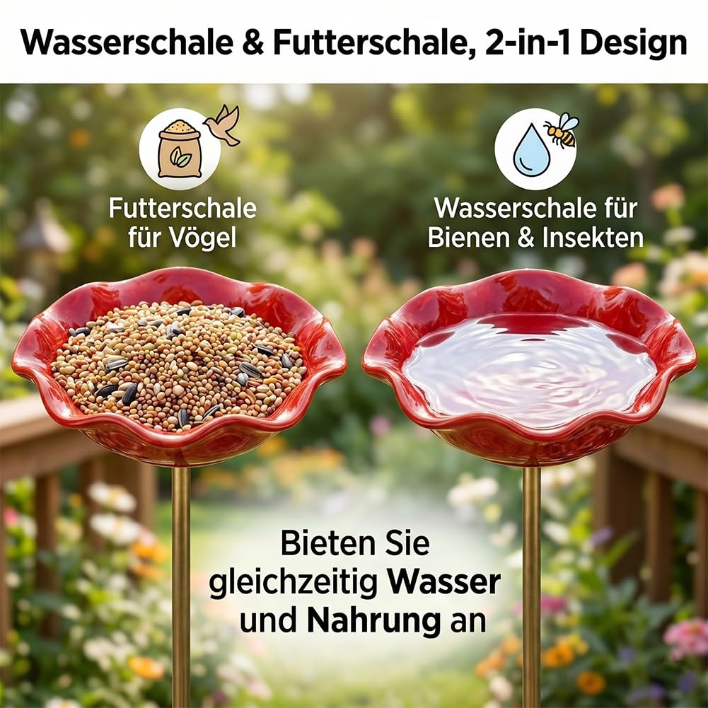 Bienentränke Keramik Blume & Vogeltränke Stehend - Gartendeko für Draußen Wetterfest, Insektentränke Garten für Wildvögel, Bienen & Schmetterlinge (Sechsteiliges Set)