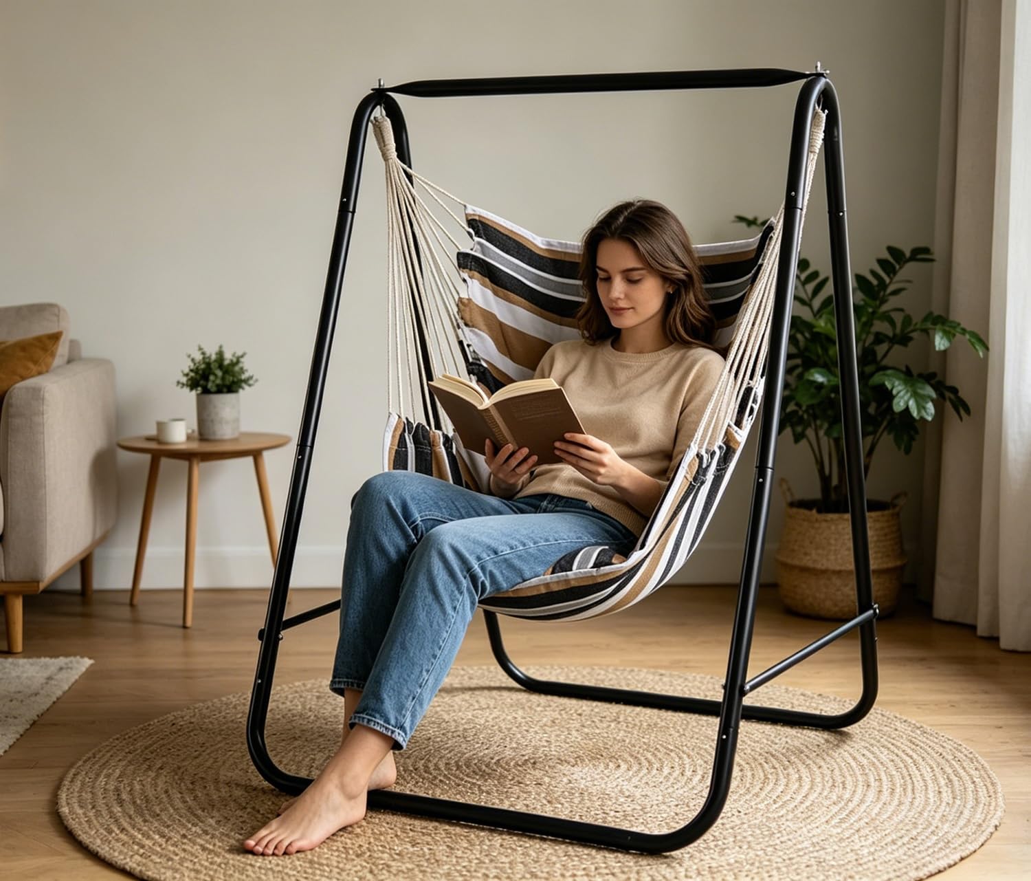 Silla hamaca con soporte, soporte para silla hamaca con columpio colgante incluida, soporte de hamaca resistente a la intemperie máximo 450 libras, soporte de columpio para interiores y exteriores