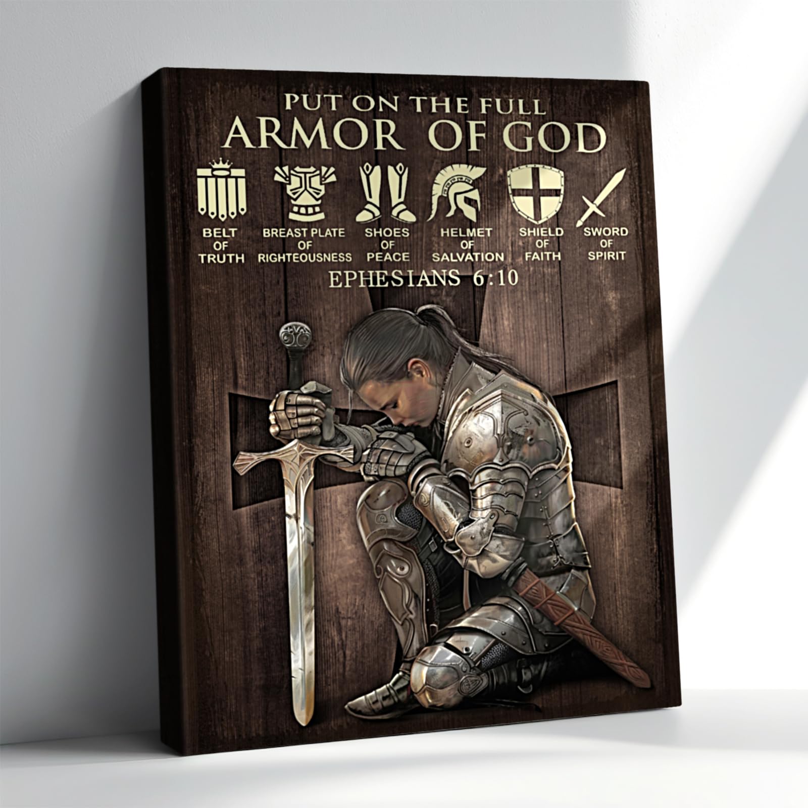 Christian Canvas Wall Art Woman Warrior of God Armor of God Bible Verses Picture Print Painting Canvas Wall Decor Scripture Quote Framed Artwork for Living Room Bedroom 12"X16"