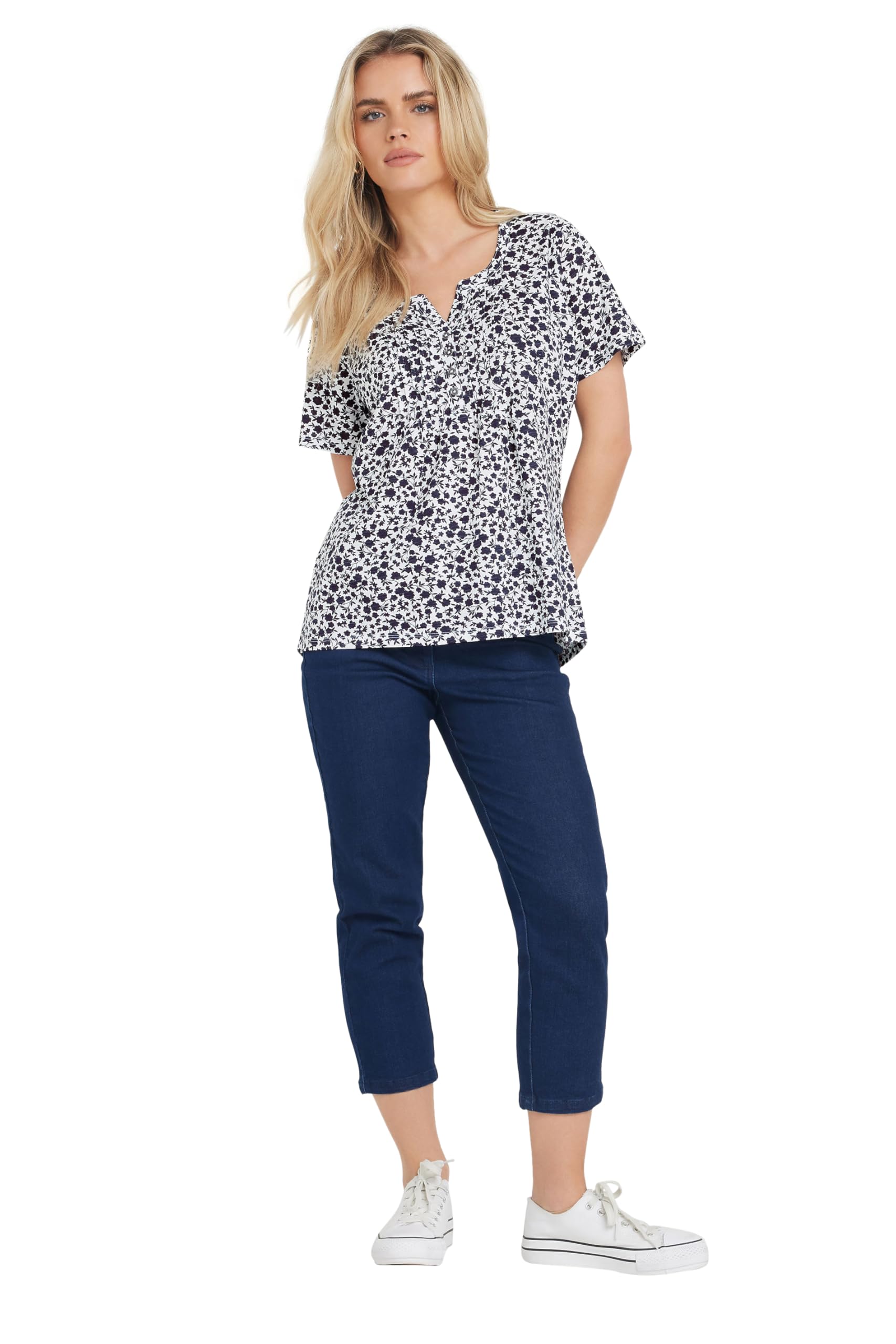 M&Co Women's Dark Navy Petite Floral Henley Top In | : Size 12